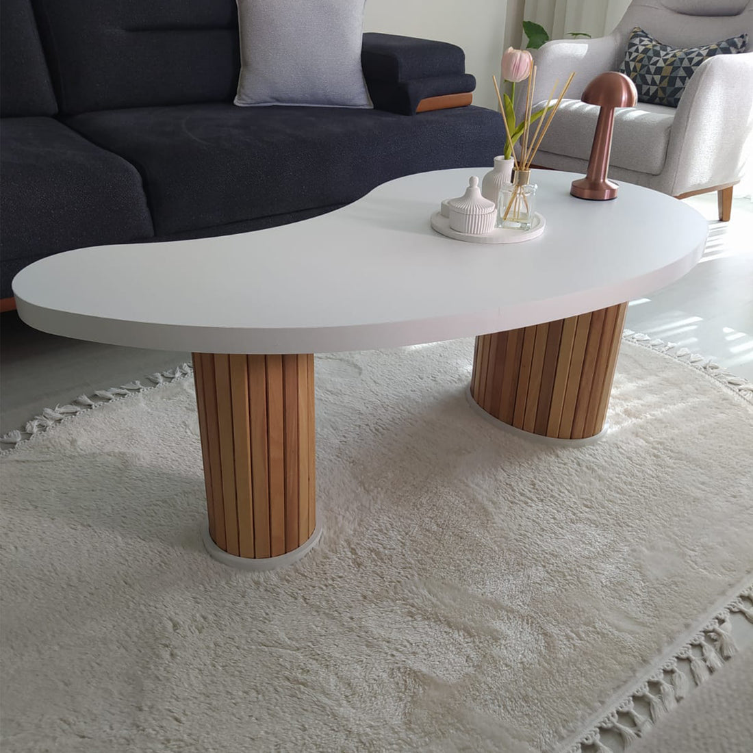 Damla Coffee Table | Modern Bohemian Design, 118x65x43cm White MDF & Beech Wood Legs
