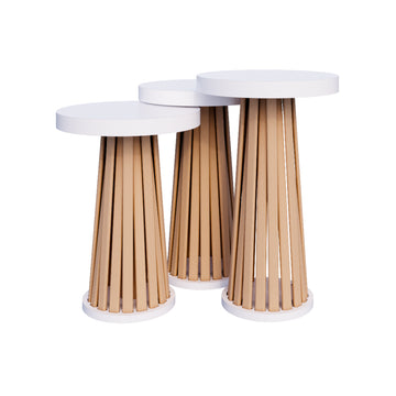 Mantar 3-Piece Nesting Table Set | Side Table | Modern Beech Slat, 36mm MDF Top | Interlocking Round Side Tables