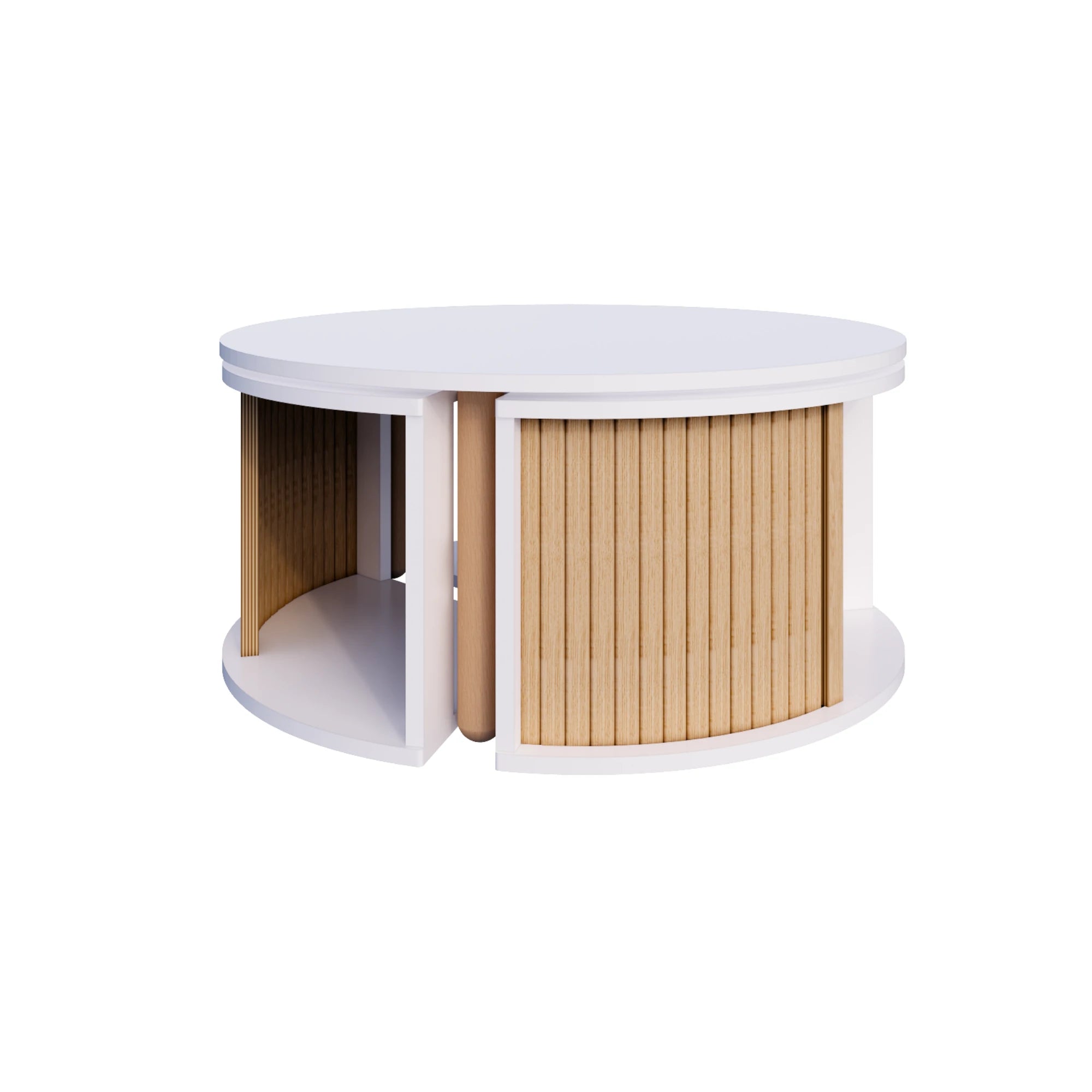 Skandinavisches 4-in-1-Couchtisch-Set der E-Serie | Mitteltisch | Drehmechanismus, 3 Satztische, MDF und Buchenholz
